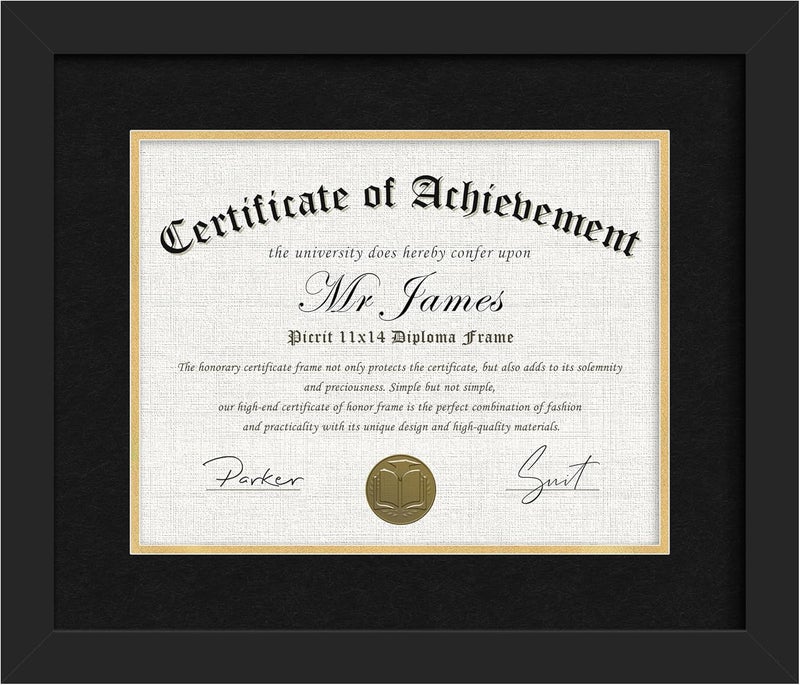Picrit 11x14 Black Wood Diploma/Document Frame with Tempered Glass & Black over Gold Mat, and Display 15x18 Degree Certificate Frame without Mat for Wall, 1 pack - Image 1